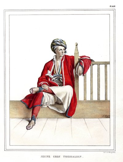 1825年、ダヴィッドの弟子であるルイ・デュプレ（1789-1837）が自然のままの場所に描いたギリシャ人とオスマン人の肖像、景色、衣装のコレクションである「アテネとコンスタンティノープルへの旅」の中の若いギリシャ人のテッサリアン。 作： Louis Dupré