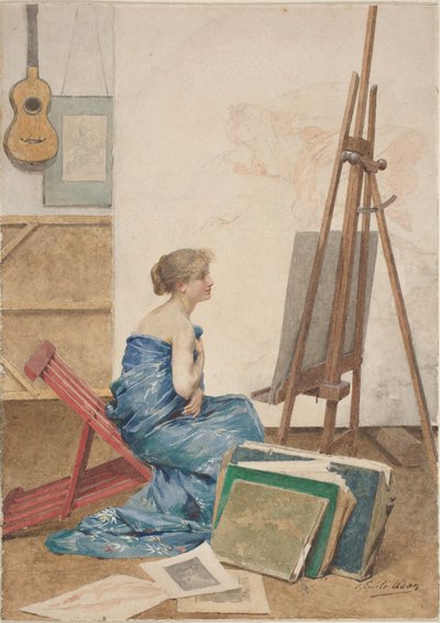 日本の絹に包まれた模型のある画家のスタジオ 作： Louis Emile Adan