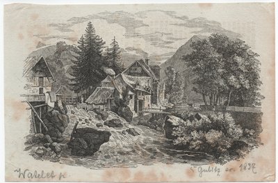 2つの川の合流点にある山村 作： Louis Etienne Watelet
