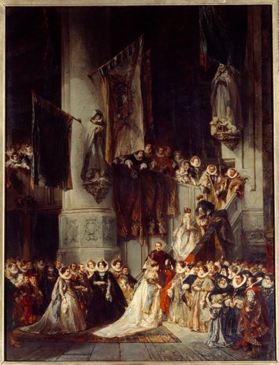 デルフトの教会での挙式。16世紀のオランダでの結婚式を描いた絵画。ルイ・ガブリエル・ユージン・イサベイ（1803-1886）の絵画 作： Louis Eugene Gabriel Isabey