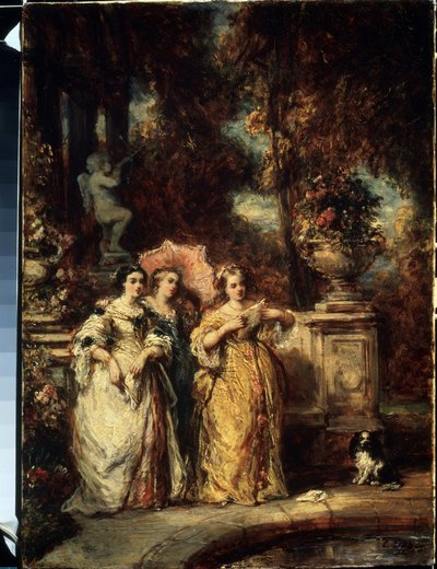 ""La promenade"" (散歩) 公園で良家に生まれた 3 人の少女。 Louis Gabriel Eugene Isabey (1803-1886) による絵画 1852年 プーシキン美術館、モスクワ 作： Louis Eugene Gabriel Isabey