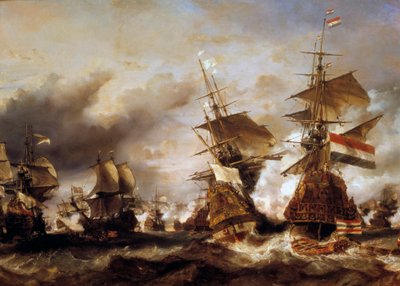 アウグスブルグ同盟との戦争。「1694年6月29日のテクセルの戦いで、ジャン・バルト（1650-1702）がフリースラント提督のオランダ艦隊に勝利」 フランス人は小麦を積んだオランダ船を押収する。Louis Gabriel Eugene Isabey（1803-1886）による絵画。 作： Louis Eugene Gabriel Isabey