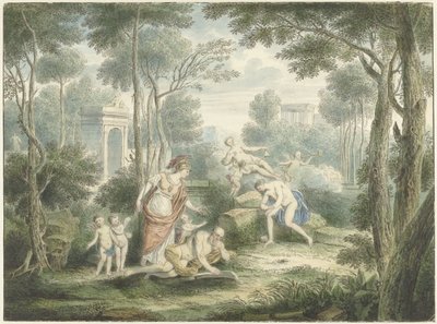アテナが老人を戴冠させ、ヴィーナスとアドニスがいるアルカディアの風景 作： Louis Fabritius Dubourg
