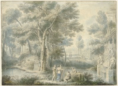 右側に噴水のあるアルカディアの風景 作： Louis Fabritius Dubourg