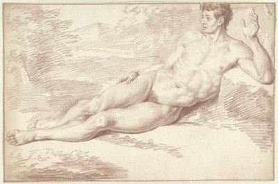 右側に横向きに横たわっている男性の裸体 作： Louis Fabritius Dubourg