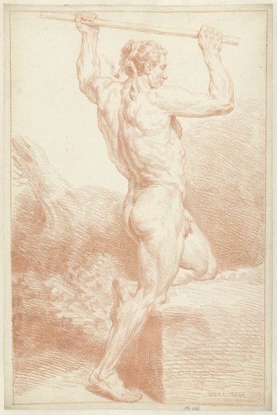 男性の裸体の研究、片膝をつき、頭の上に棒を持っている 作： Louis Fabritius Dubourg