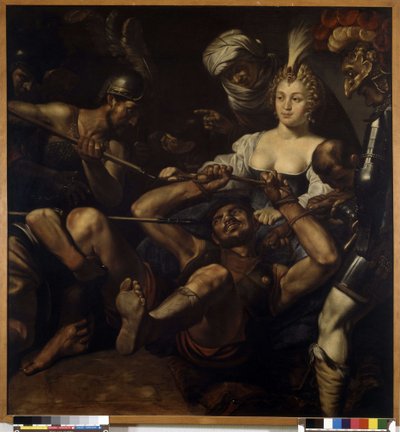 サムソンとダリラ：ダリラが髪を切るとサムソンは力を失います（キャンバスに油彩） 作： Louis Finsonius or Finson