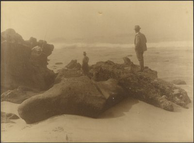 [浜辺の岩の上で釣りをする3人の男性] 作： Louis Fleckenstein
