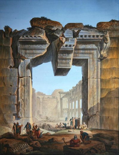バールベックの太陽の神殿の南側に位置する神殿の正門、1800年頃（カラー図版） 作： Louis Francois (after) Cassas
