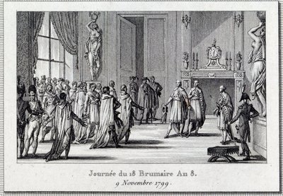 領事館"Napoleon Bonaparte (1769-1821) at the meeting of Saint Cloud on the 18 brumaire (9/11/1799)" ナポレオン・ボナパルトによる18ブルメールのクーデターは、擲弾兵に守られたファイブ・セント(5セント)評議会(500人部屋)で行われ、Dを終了する。 作： Louis Francois Couche