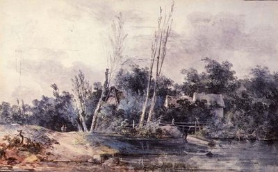 人物のいる小川のほとりのコテージとヤナギ 作： Louis Gabriel Moreau