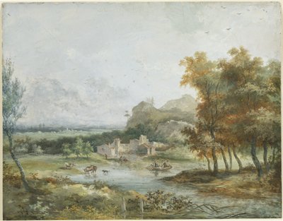 ボートパーティーのあるイタリアの風景 作： Louis Gabriel Moreau the Elder
