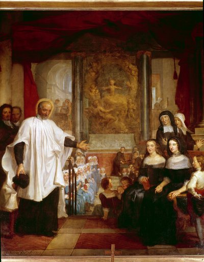 慈善団体の女性たちの前で発見された子供たちの施設を訪れる聖ヴィンセント・ド・ポール。1732年、ルイ・ガロッシュによる絵画。 作： Louis Galloche