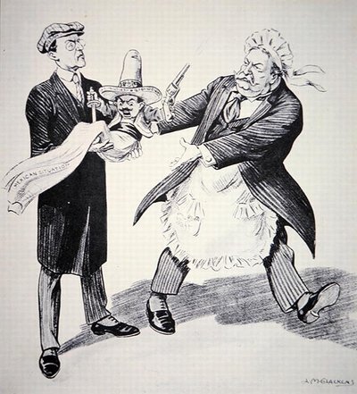 1913年、アメリカのタフト大統領が問題の多い「メキシコ情勢」を後任のウッドロー・ウィルソンに引き継ぐ様子を描いたアメリカのカートゥーン（リットー）。 作： Louis Glackens