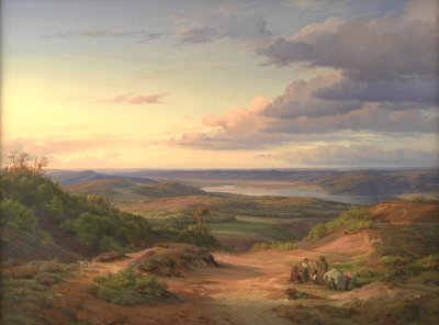 ユトランドのヒンメルビャーゲット近くの風景。 手前はジプシーの家族 作： Louis Gurlitt
