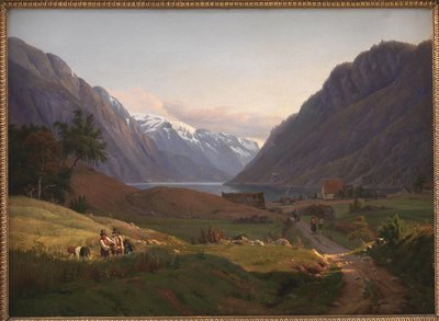 ノルウェー、ハルダンゲルのセール フィヨルドのオッダの眺め。 朝の光 作： Louis Gurlitt