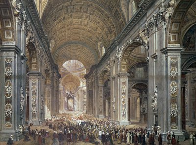 1867年、ローマのサンピエトロ大聖堂の内部（紙と鉛筆） 作： Louis Haghe
