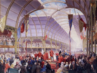 美術宝物展で皇太子殿下に挨拶を手渡すトーマス・フェアバーン卿、マンチェスター、1857年5月（紙に鉛筆、水彩、グワッシュ） 作： Louis Haghe