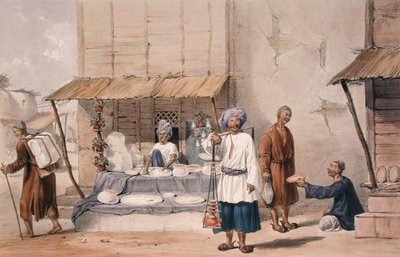 1843年に出版されたLockyer Willis Hart大尉の著書「Characters and Costumes of Afghuanistan」に掲載されている、雪などを運んでいるフザレのいるファローデンの屋台（カラーリトグラフ）。 作： Louis Hague