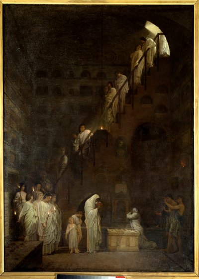 ローマのケーサーズハウスのコロンバリウムでの葬儀、ローマのポルト・カペネ。ルイ・ヘクトール・ルルー（1829-1900）の絵画 作： Louis Hector Leroux