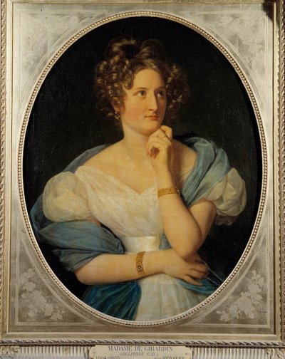 フランスの作家デルフィーヌ・ゲイ（1804-1855）の肖像、マダム・エミール・ド・ジラルダン 彼女のペンネームはシャルル・ド・ドロネー子爵です。ルイ・エルサン（1777-1860）による絵画 1824年 日0.92×0.72メートル 作： Louis Hersent