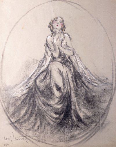 演劇のポーズで座っている女性 作： Louis Icart
