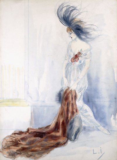 羽毛の帽子と毛皮のコートを着たエレガントな女性 作： Louis Icart
