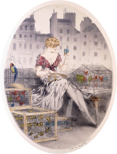 Budgerigarsの少女、C.1920S-30S（色エッチング） 作： Louis Icart