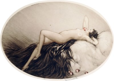 りんごを持ったリクライニングヌード 作： Louis Icart