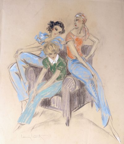 肘掛け椅子に座っている 3 人の女の子 作： Louis Icart