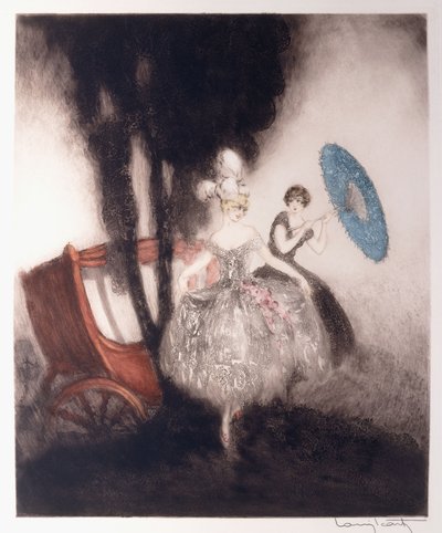 馬車に乗る準備をしている 2 人の女の子 作： Louis Icart