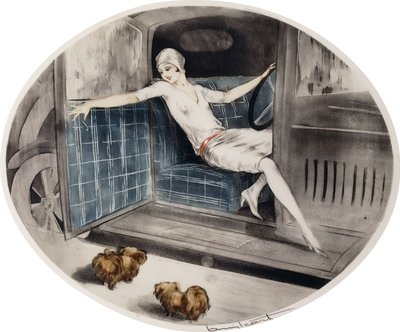 2匹のペキニーズと一緒に車に乗る女性 作： Louis Icart