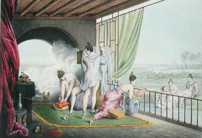 1824-27年に出版された「トイレの水浴客」（カラーリトグラフ） 作： Louis Jacques Nicolas Schaal