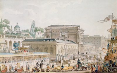 ヘルクラネウムで発見された遺物は、1782年にナポリ博物館に輸送されました（紙にペン、インク、トイレ） 作： Louis Jean Desprez