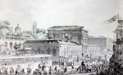 ナポリ博物館に運ばれるヘルクラネウムの古代遺物、1782年頃（ペン、インク、水彩、紙 作： Louis Jean Desprez