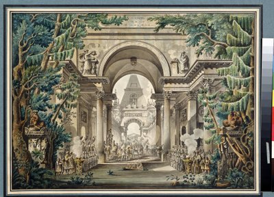 「La procession au Temple」（お寺の行列） 芝居の舞台装置。 Louis Jean Deprez (1743-1804) の水彩画 プーシキン美術館、モスクワ 作： Louis Jean Desprez
