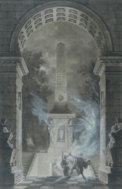 ヴォルテール（1694-1778）によるセミラミスの悲劇のシーン（ペンとインク、紙のトイレ） 作： Louis Jean Desprez