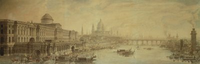 サマセットハウス、セントポール大聖堂、ブラックフライアーズブリッジ（紙にペンとトイレ） 作： Louis Jean Desprez