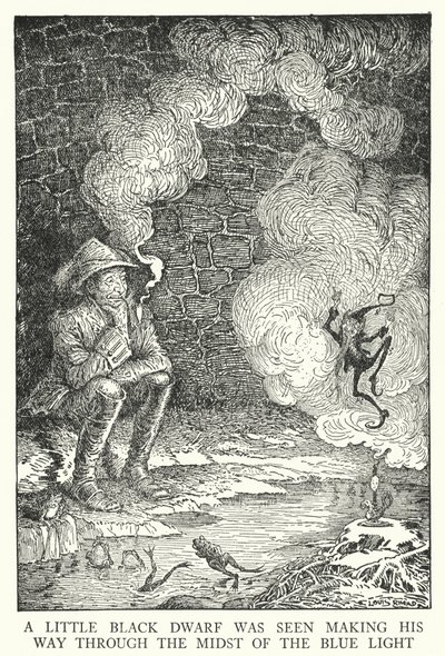 青い光の中を小さな黒い小人が進んでいるのが見えた（リトグラフ 作： Louis John Rhead