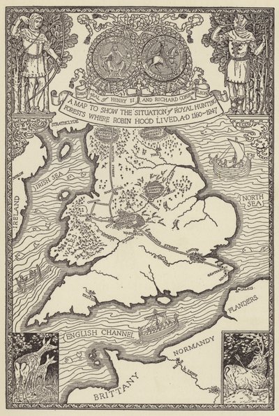ロビンフッドが住んでいた王立狩猟林の状況を示す地図、AD 1160-1247 作： Louis John Rhead