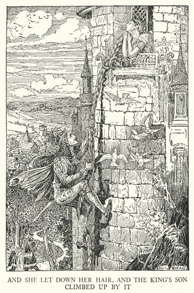 そして、彼女が髪を下ろすと、王様の息子がその髪で登ってきました（リットー）。 作： Louis John Rhead