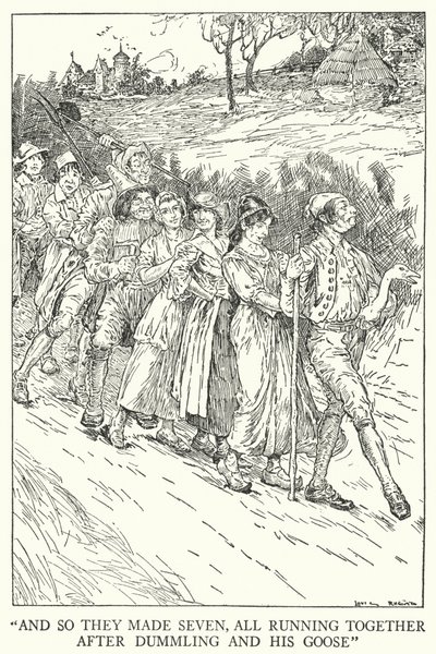 "And so they made seven, all running together after Dummling and his goose" (litho) 作： Louis John Rhead
