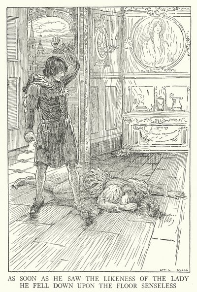 その女性の似顔絵を見た瞬間、彼は床に倒れ込んでしまいました（リットー）。 作： Louis John Rhead