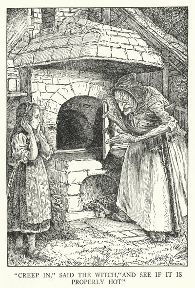 「魔女は「忍び込んで、ちゃんと熱いかどうか見てごらん」と言いました。 作： Louis John Rhead