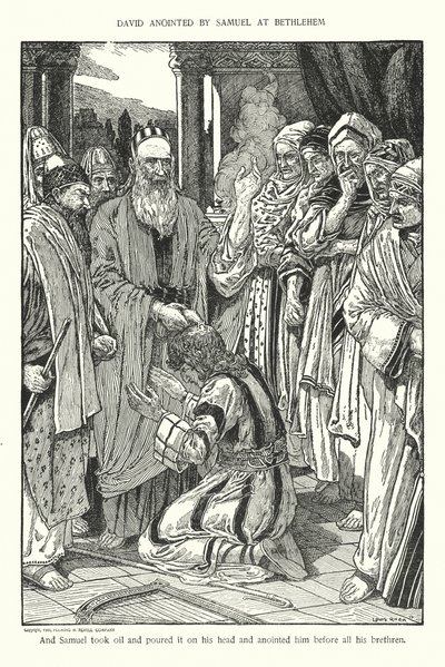 ベツレヘムでサムエルから油を注がれるダビデ（リトグラフ） 作： Louis John Rhead