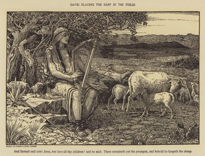 フィールドでハープを弾くダビデ 作： Louis John Rhead
