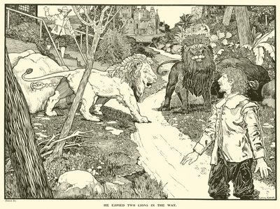 彼は2頭のライオンを道連れにした（エングレービング 作： Louis John Rhead