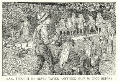 カールは「こんなにおいしいものは初めてだ」と言っていた（リトグラフ）。 作： Louis John Rhead