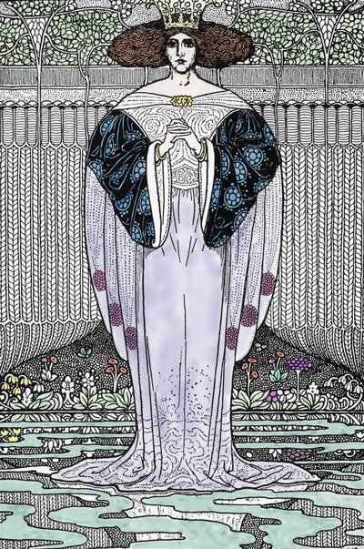 湖の貴婦人 (ニムエ、ヴィヴィアン) の表現 Louis Rhead (1858-1926) による「アーサー王とその騎士たち」の挿絵 作： Louis John Rhead