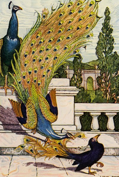 孔雀とカササギ（カラーリトグラフ） 作： Louis John Rhead